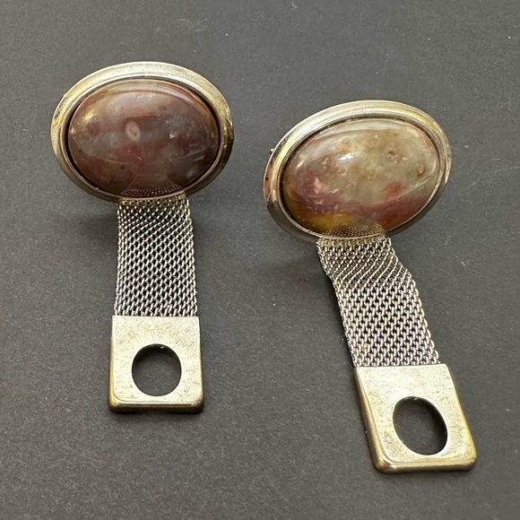 Vintage 1950s Handmade Agate Cuff Links Set Pair Silver Mesh Brown Stone Classic - Picture 8 of 8